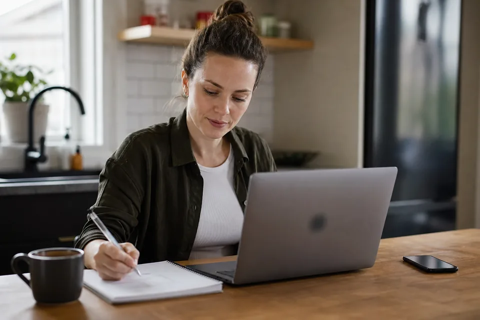 Applicant preparing an application on a laptop at a kitchen table
