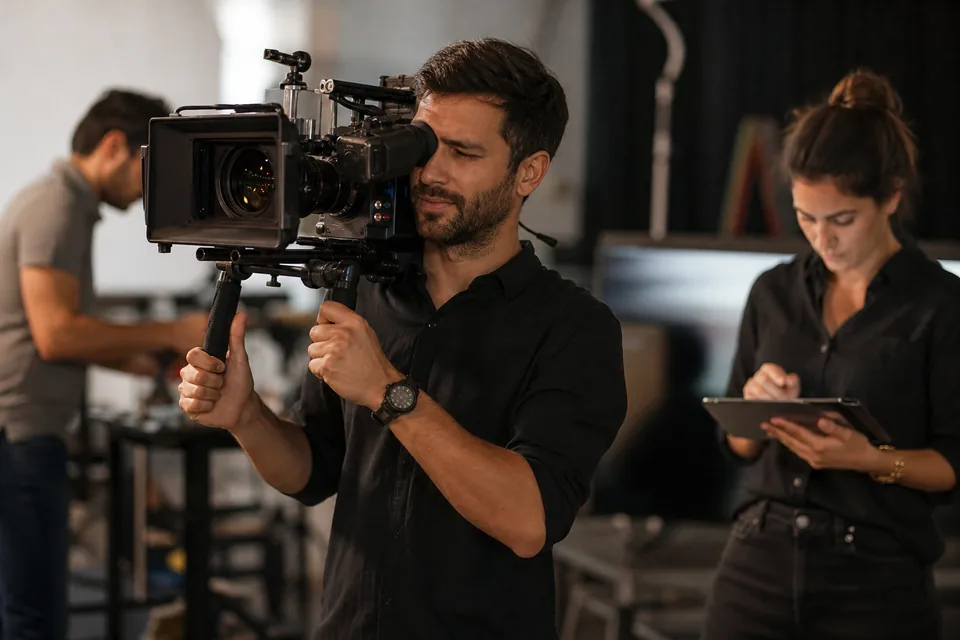 Camera operator filming on a studio set