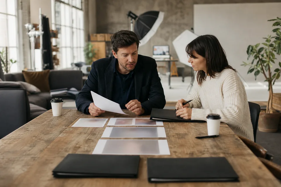 Producer and assistant planning a shoot schedule at a casting table