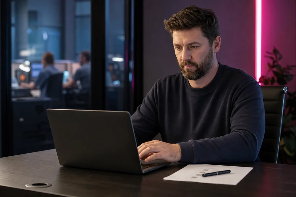Agency owner drafting a chatter job post on a laptop with a printed checklist