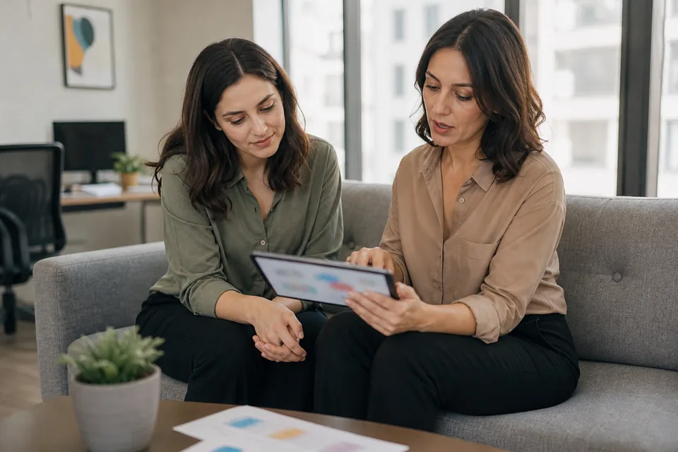 Creator and manager reviewing earnings analytics together