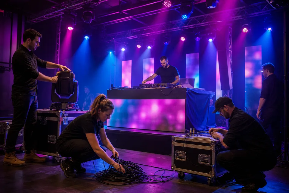 Event production crew setting up a nightclub stage