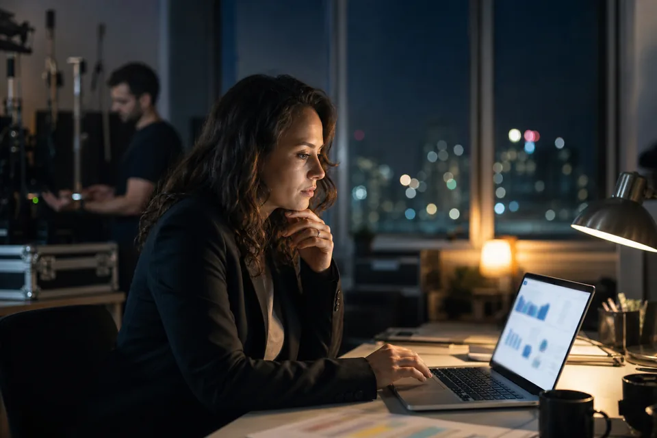 Production coordinator reviewing applicants on a laptop at night
