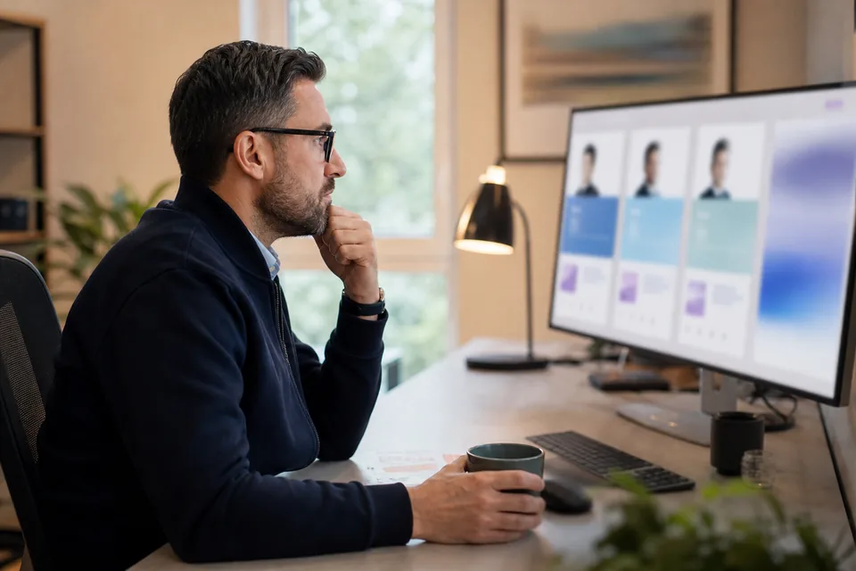 Hiring manager comparing candidate profiles on a monitor
