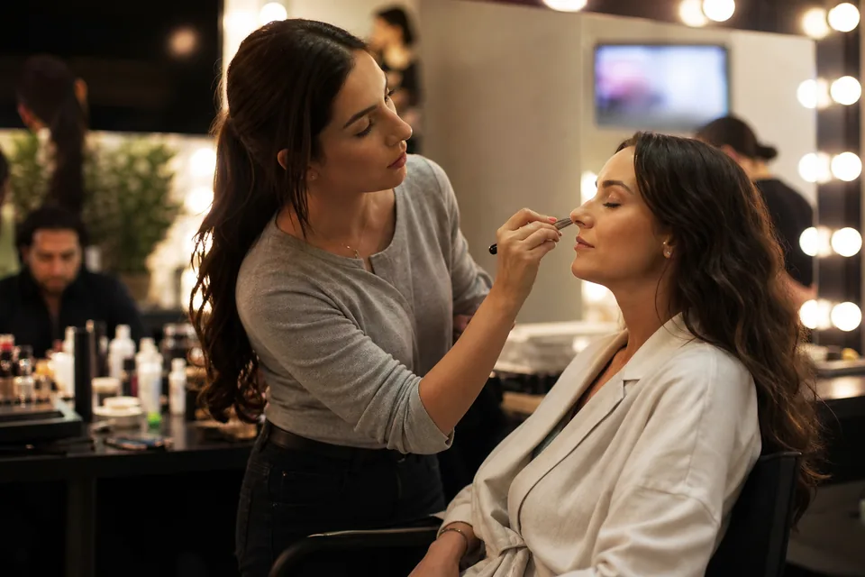 Make-up artist preparing a performer before a shoot