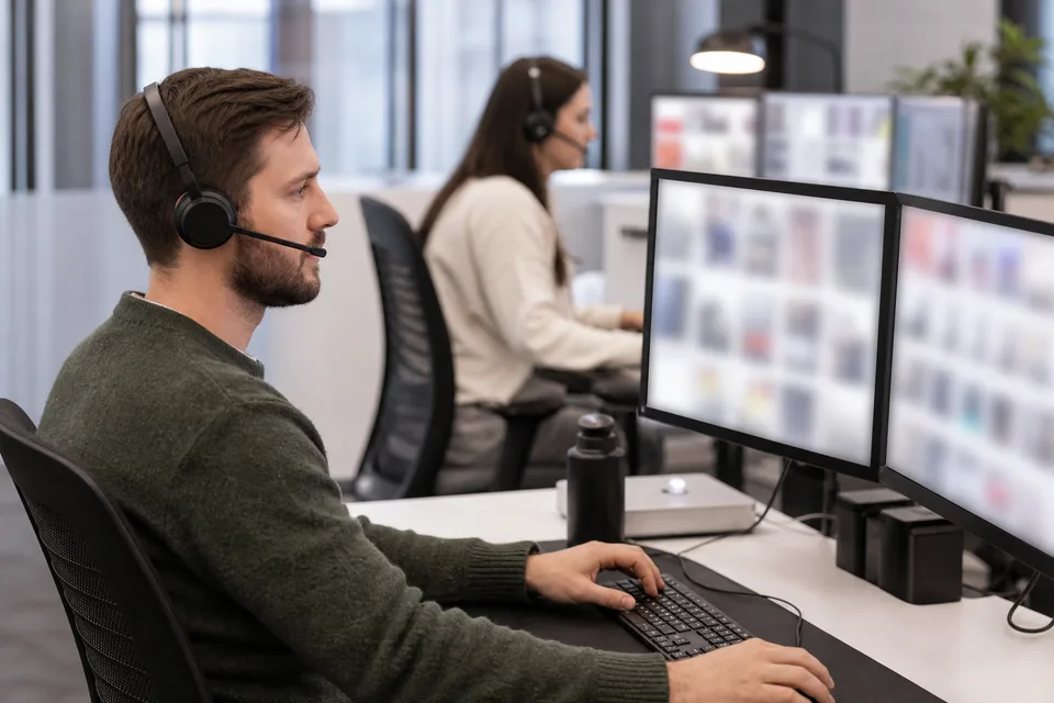 Content moderators reviewing queues on screens