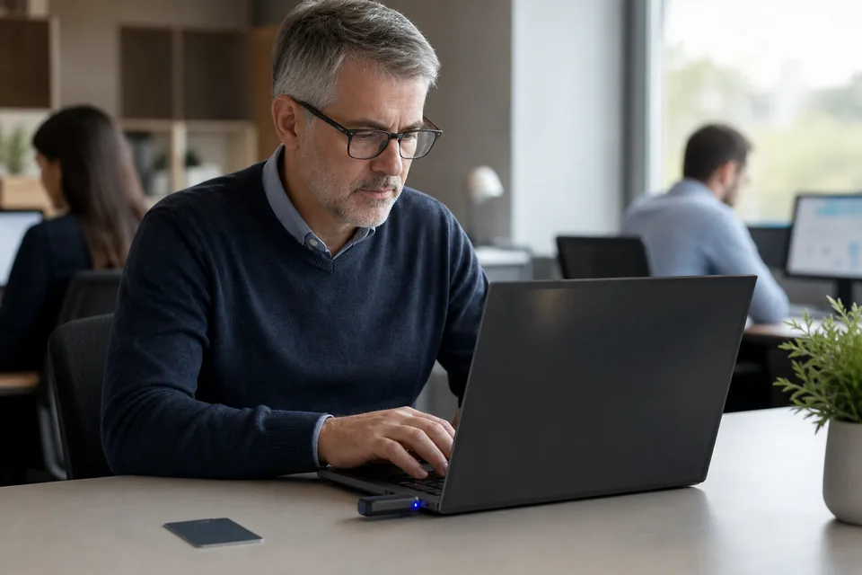 Man working at a laptop with a privacy screen and a security key plugged in