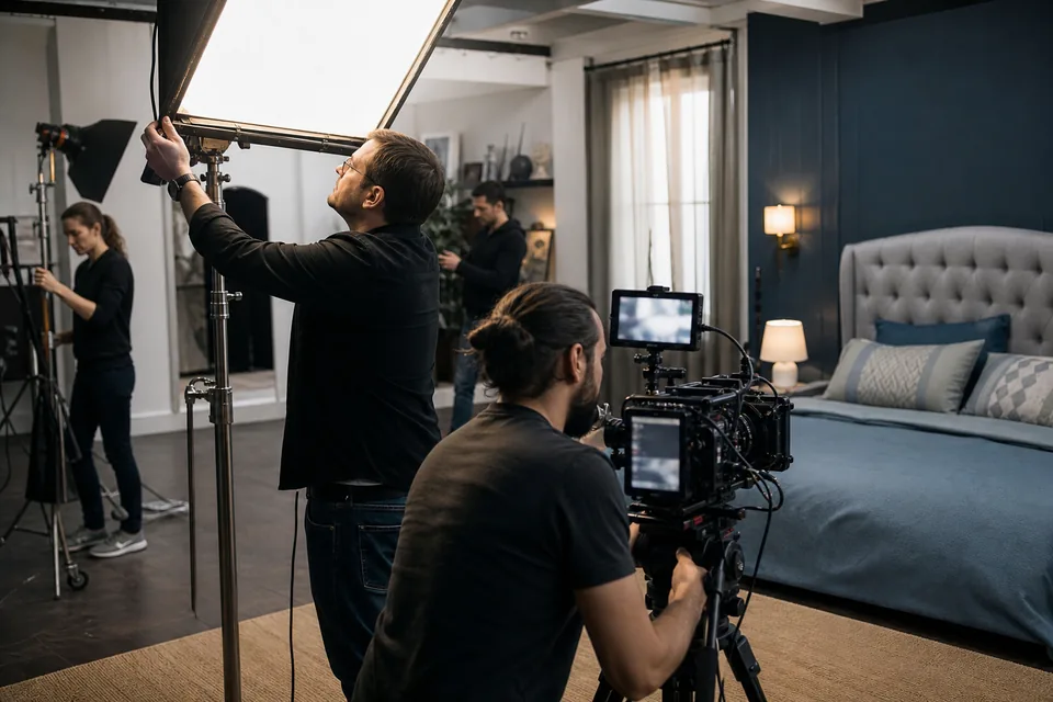 Studio crew preparing lights and camera on a set