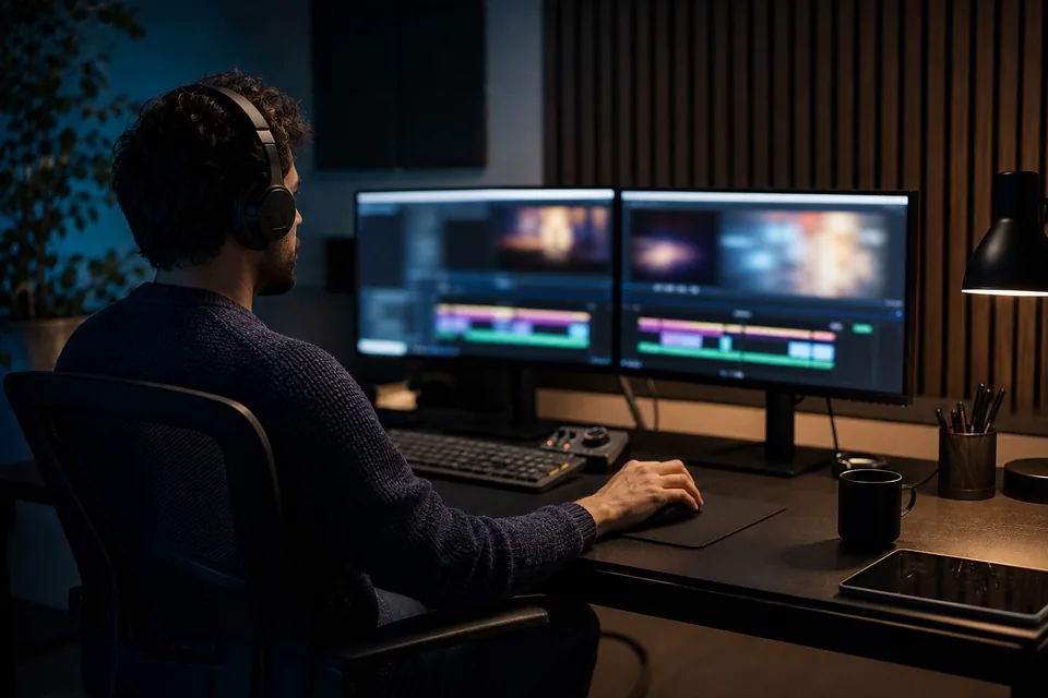 Video editor working at two monitors in an edit suite